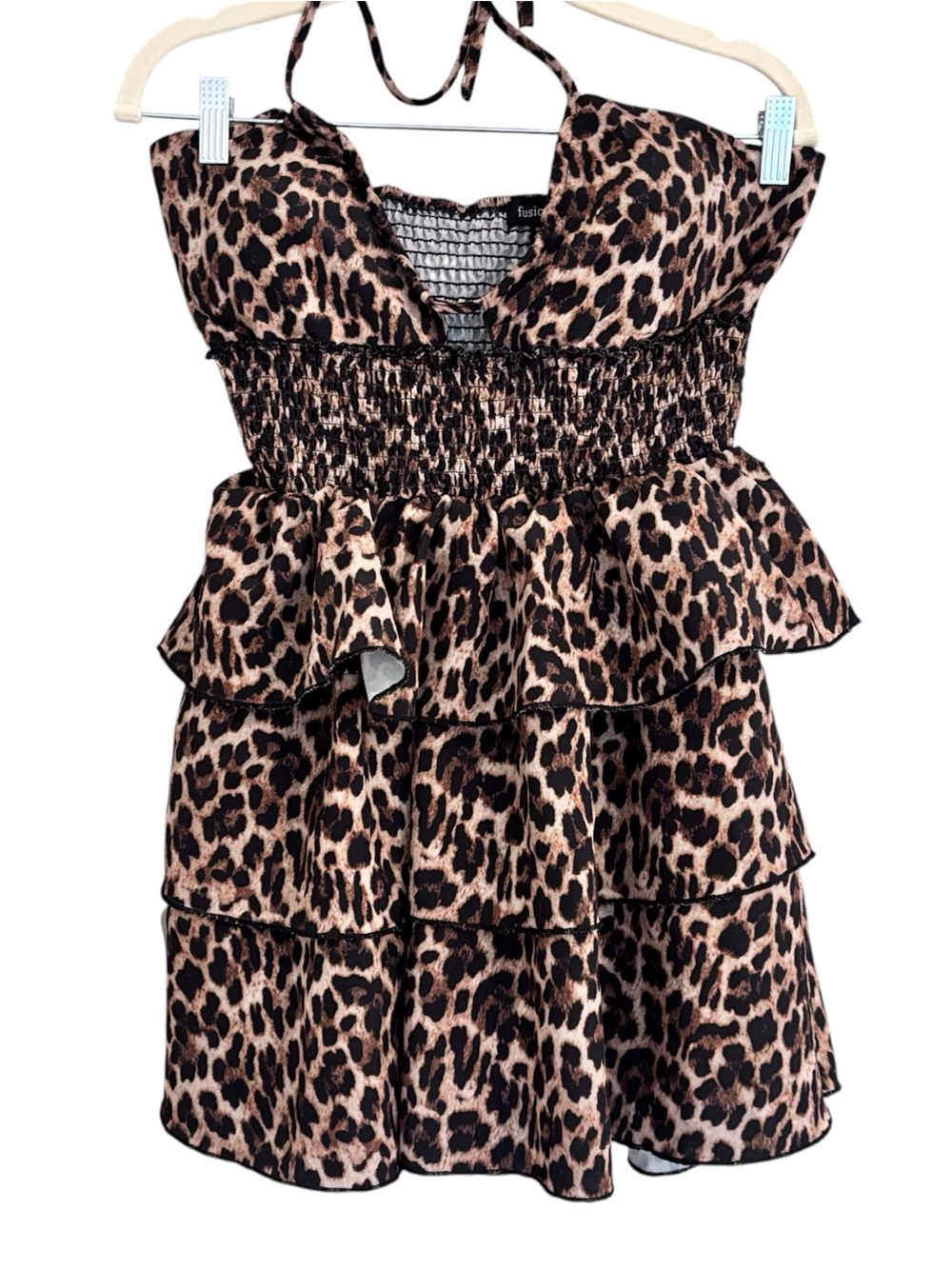 Fusionista Leopard Print Tiered Mini Dress in Brown and Black